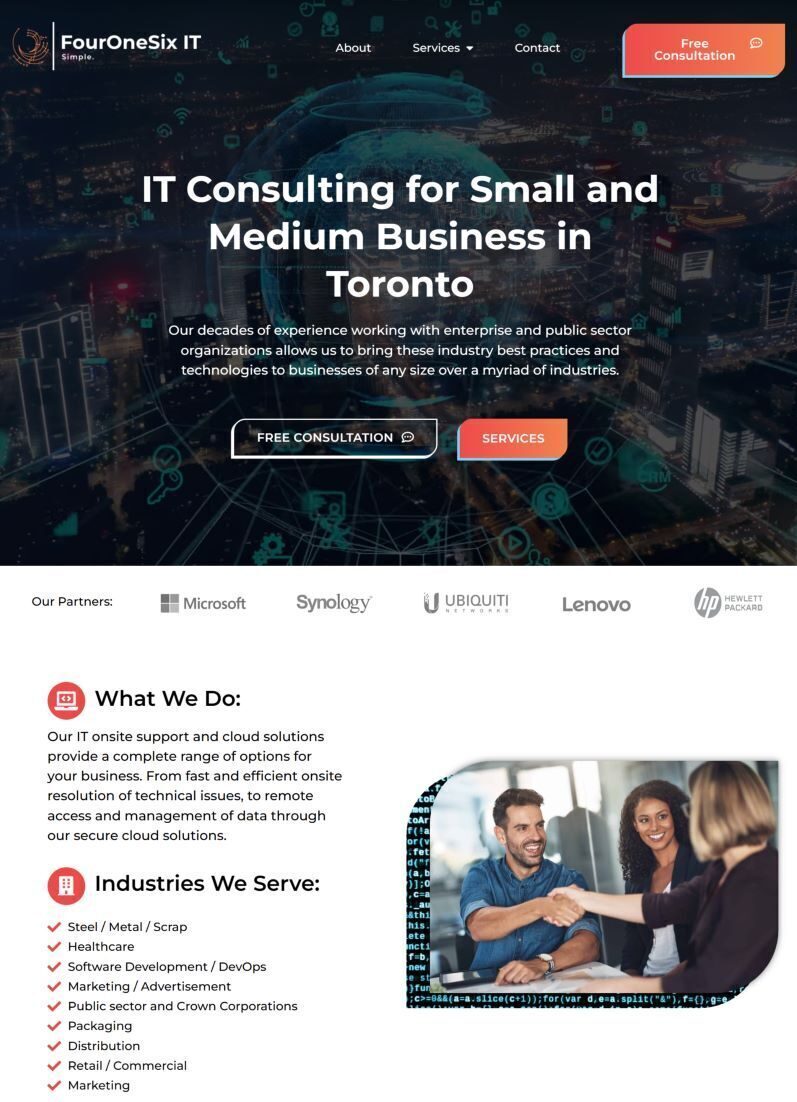 A homepage design for IT consulting with a focus on SEO services for small and medium businesses in Toronto.