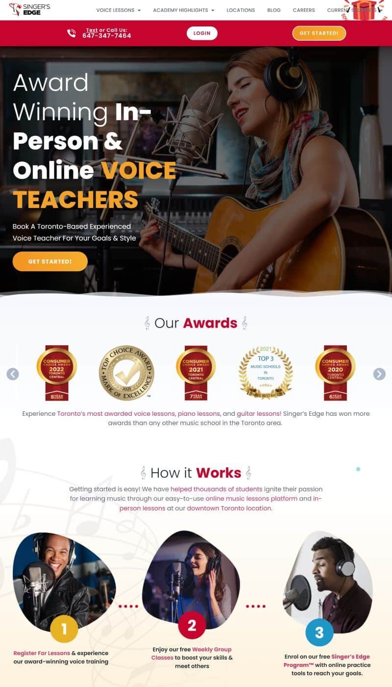 A website for an online voice teacher offering SEO keywords to optimize the homepage.