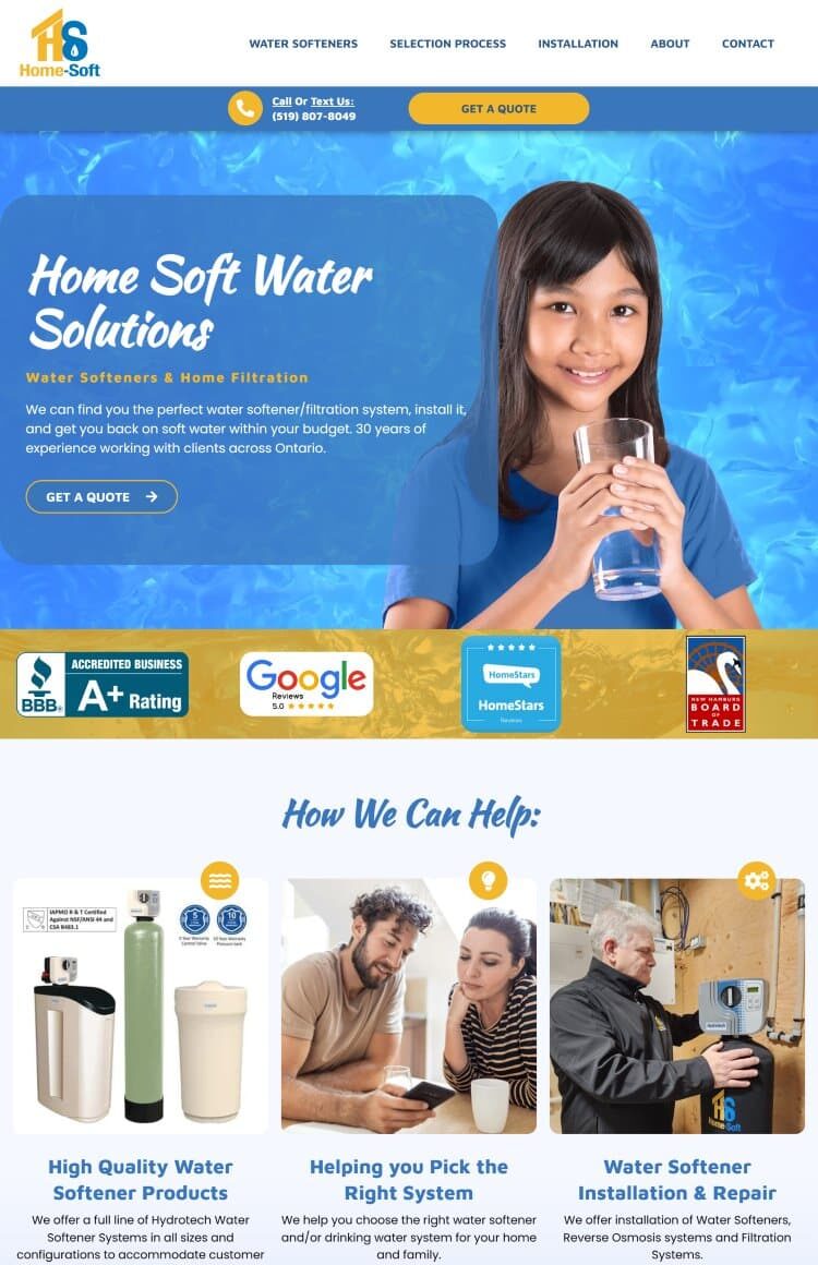 A homepage design for home water solutions.
