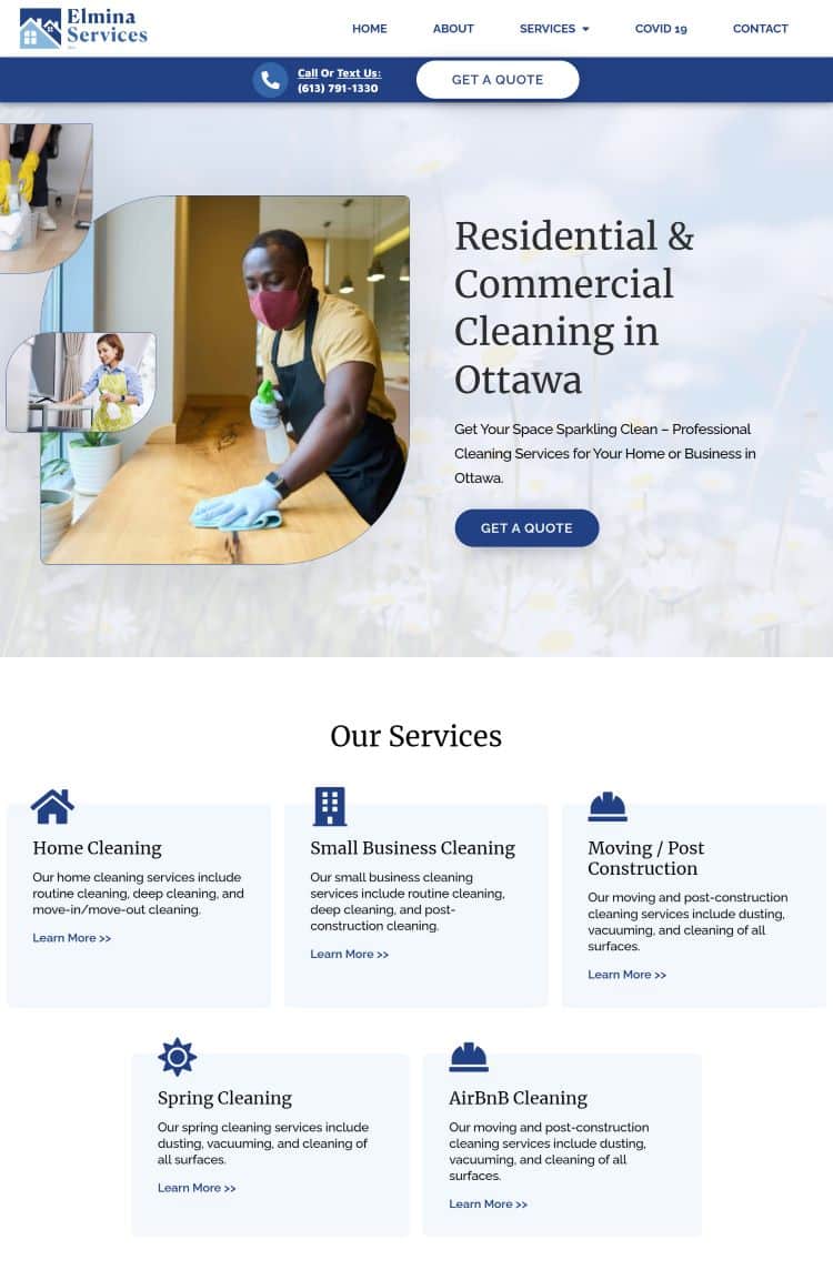 A homepage design for residential and commercial cleaning services.